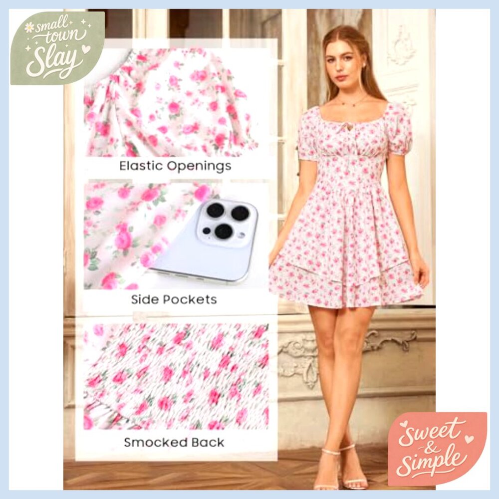 Floral Square Neck A-Line Sundress with Pockets, Smocked Back - Picture 5 of 7